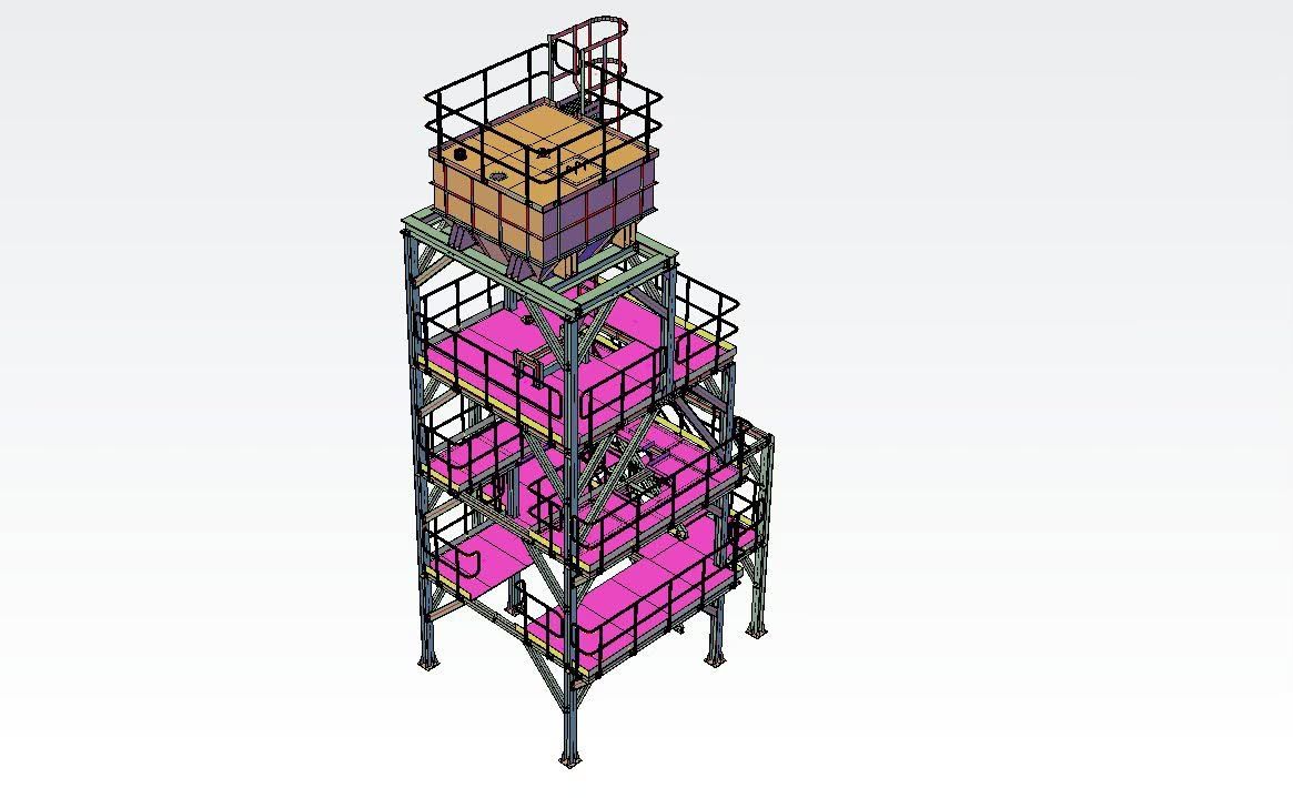 Multi-level steel equipment tower model with deck platforms and structural framing.