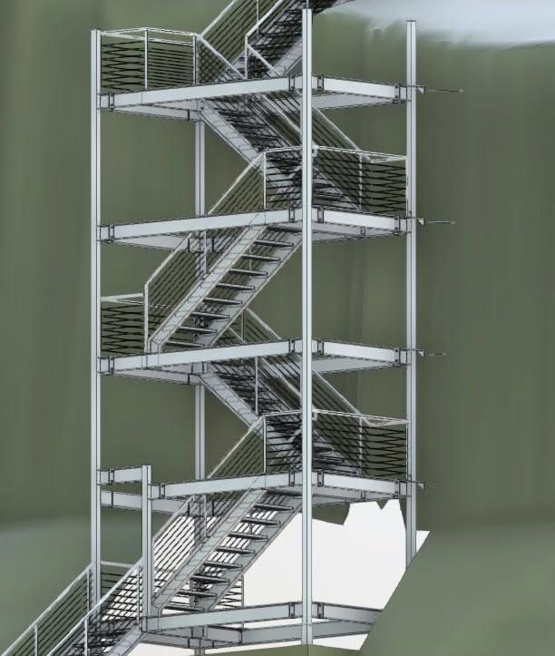 Modelled steel stair and access structure with flights, platforms, railings, and supports on a green ground.