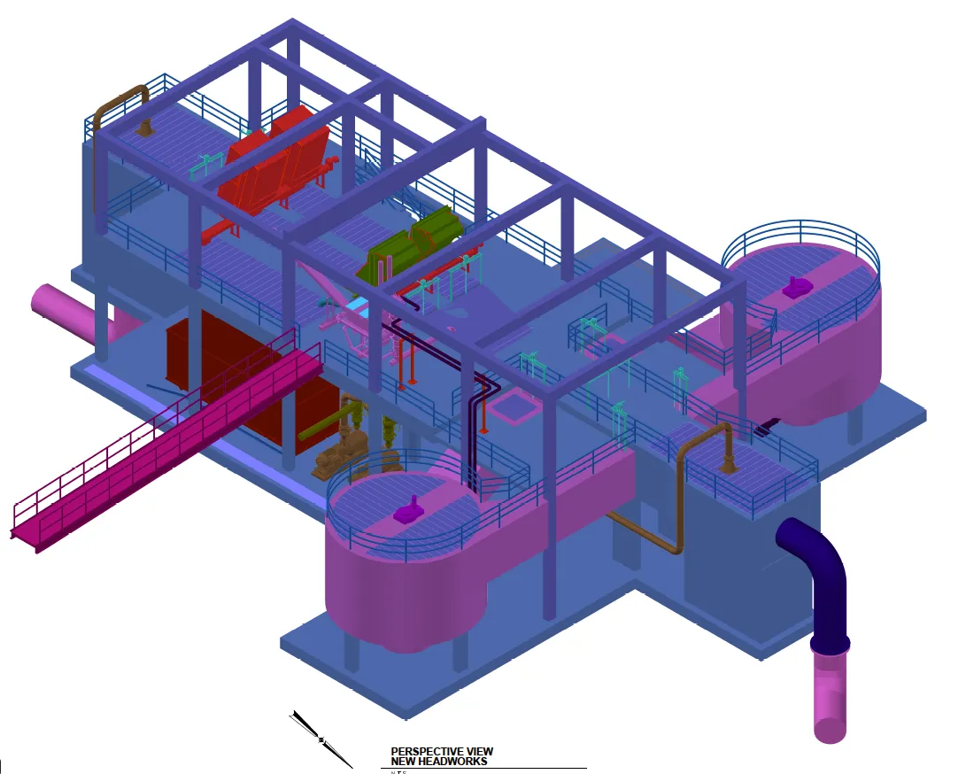 Isometric view of an industrial plant layout with piping systems, equipment platforms, and structural framing.