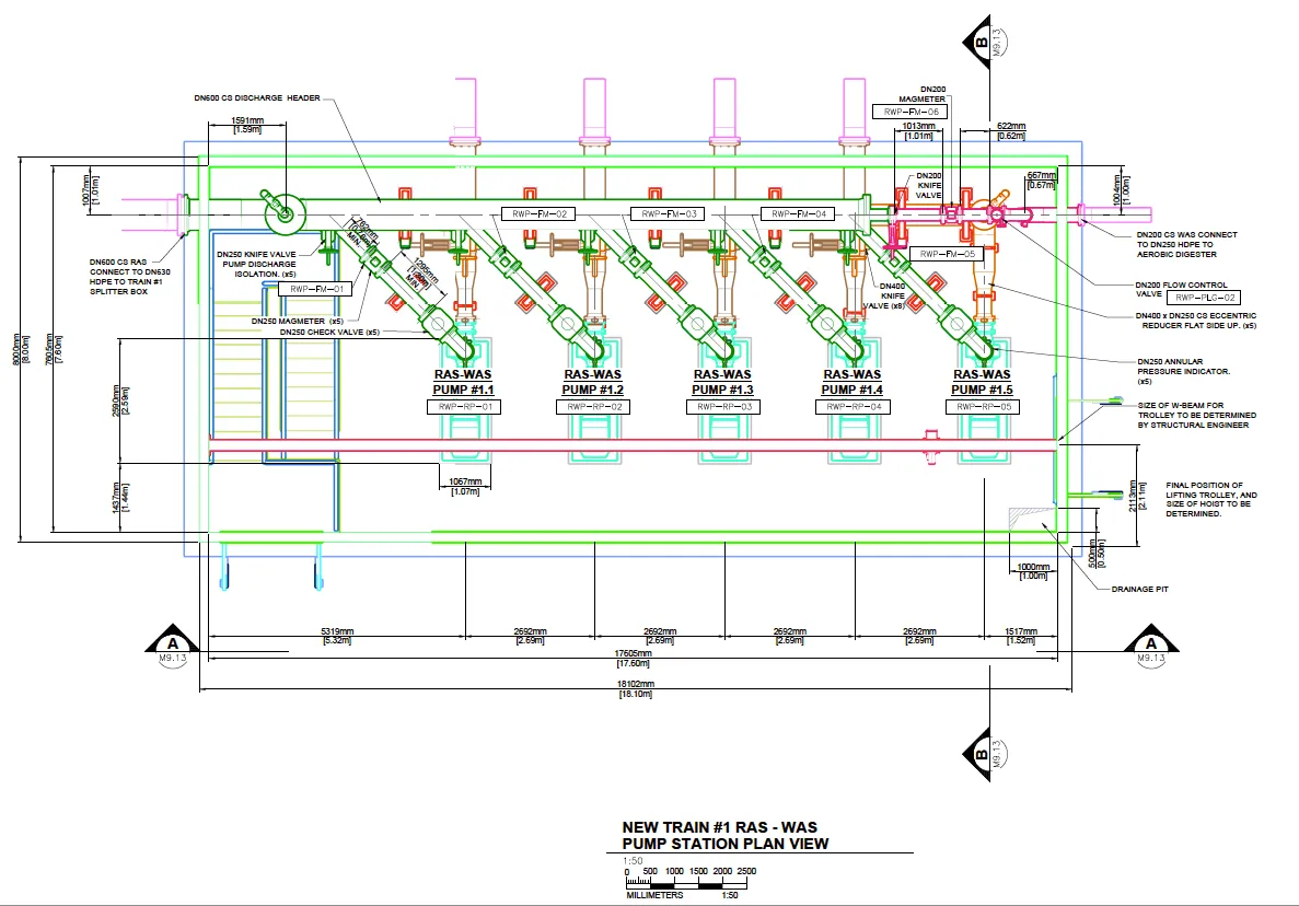 Pump-station plan drawing showing piping, valves, equipment, and section references for the facility layout.