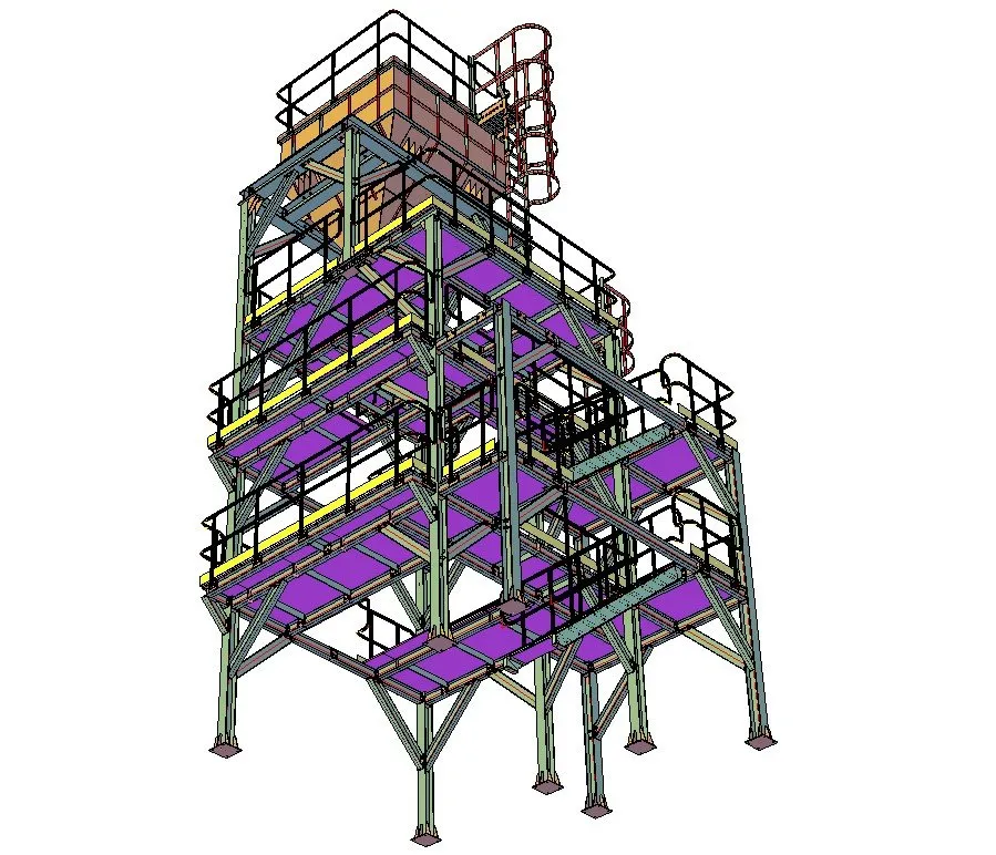 Detailed view of the sand chute support tower showing steel columns, beams, bracing, platforms, and stair access.
