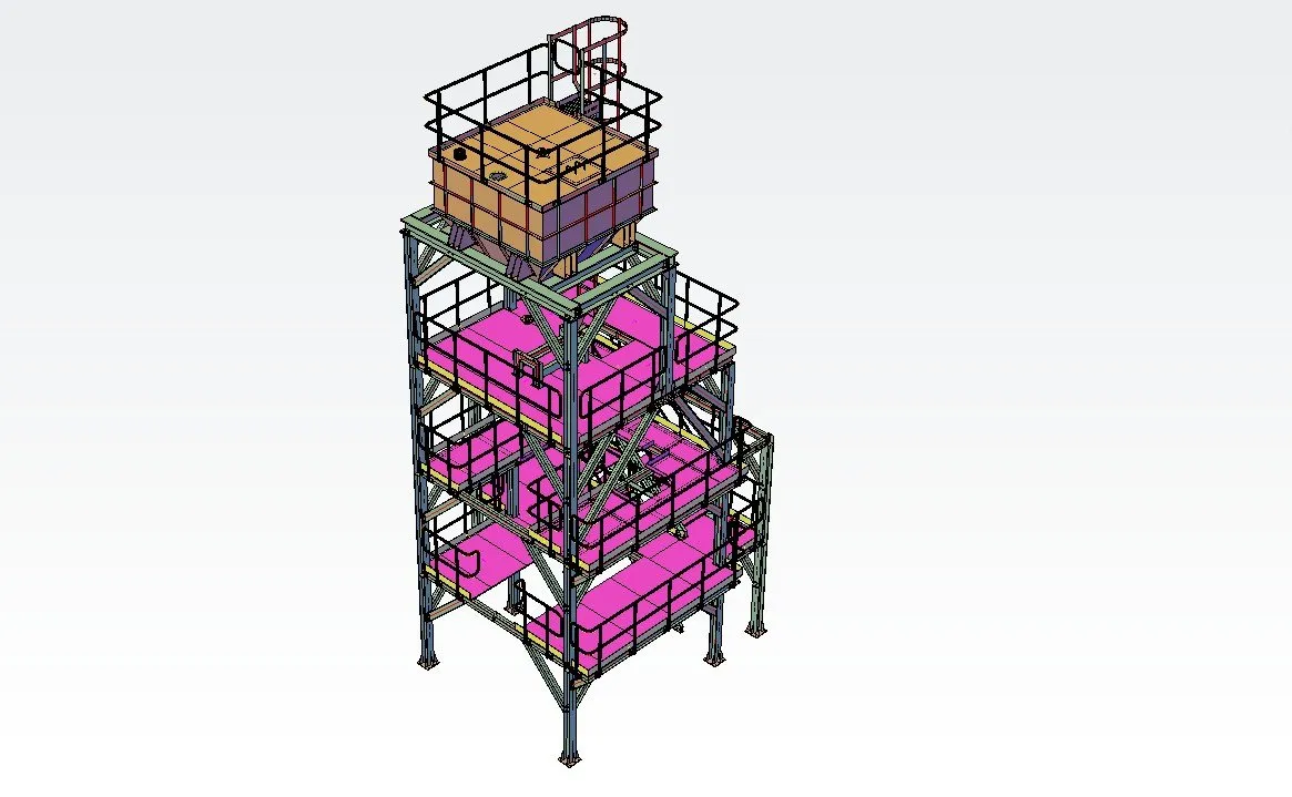 3D structural steel platform modeled in Revit with multi-level framing, access stairs, and safety railings.