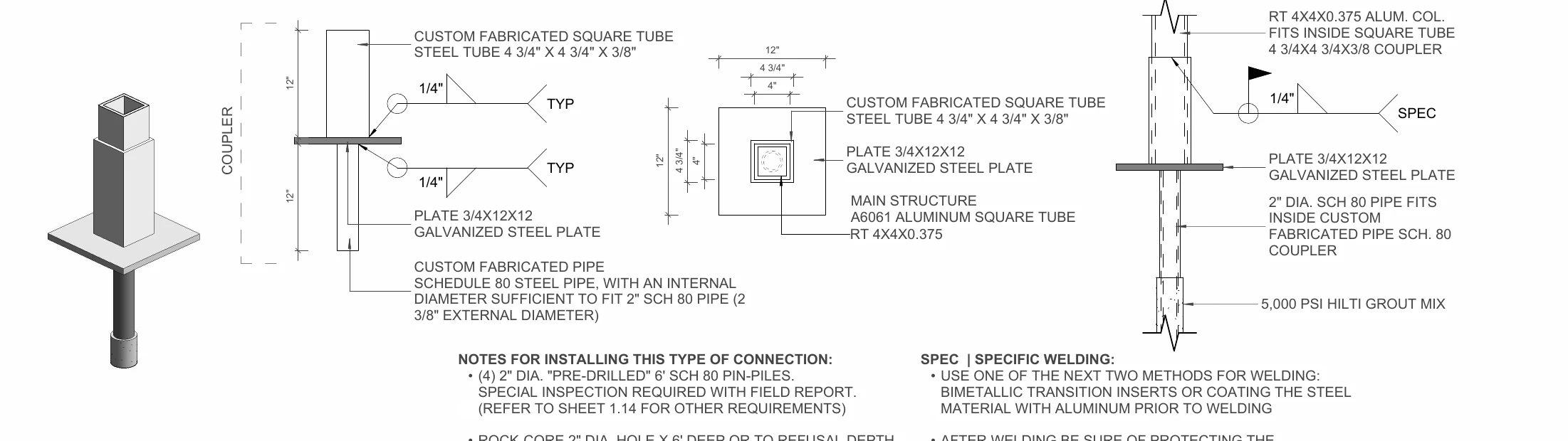 Steel-to-aluminum coupler connection detail at a pin pile, connection CT09.