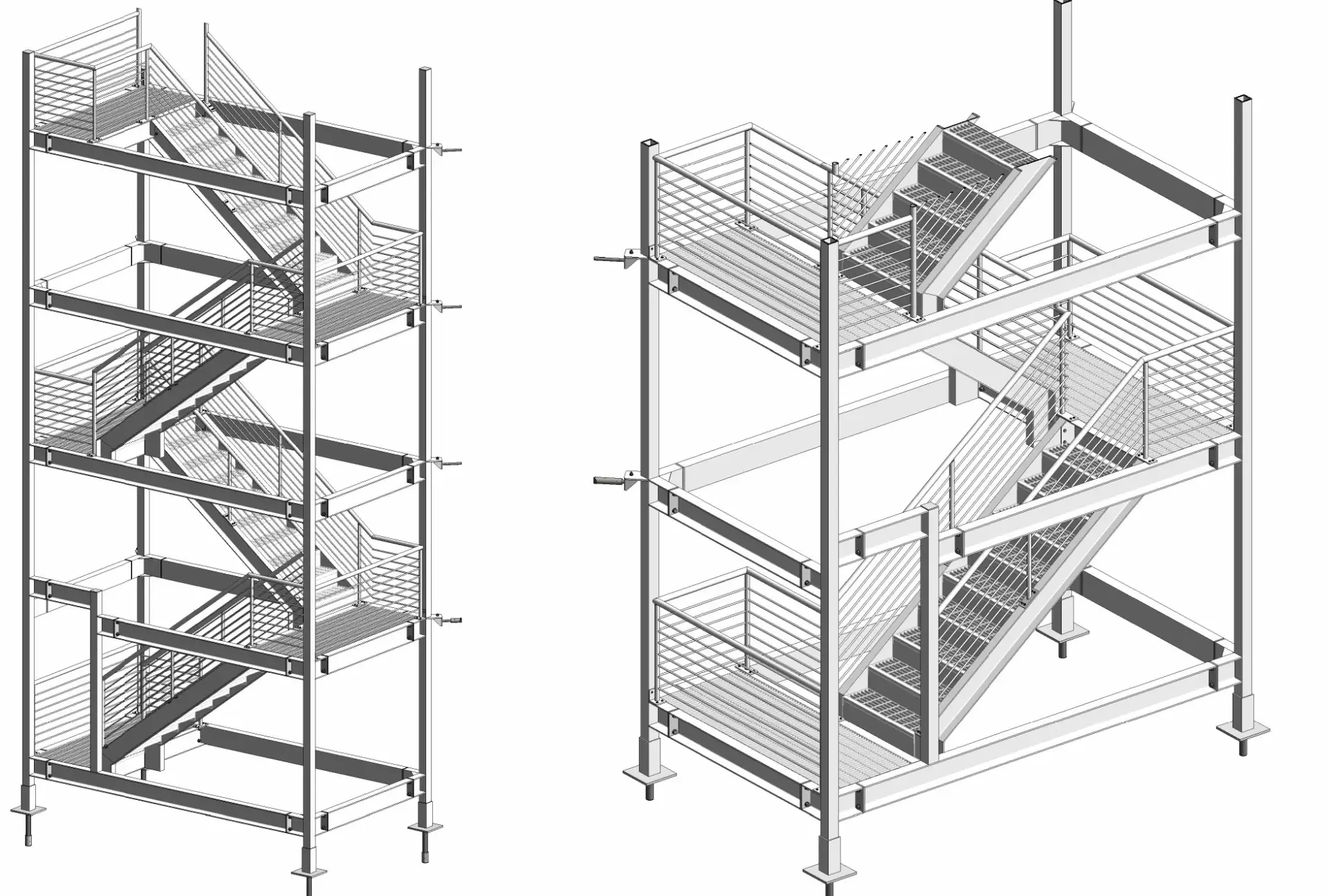 Two isometric views of the four-landing aluminum stair tower showing the full structure and a typical segment.
