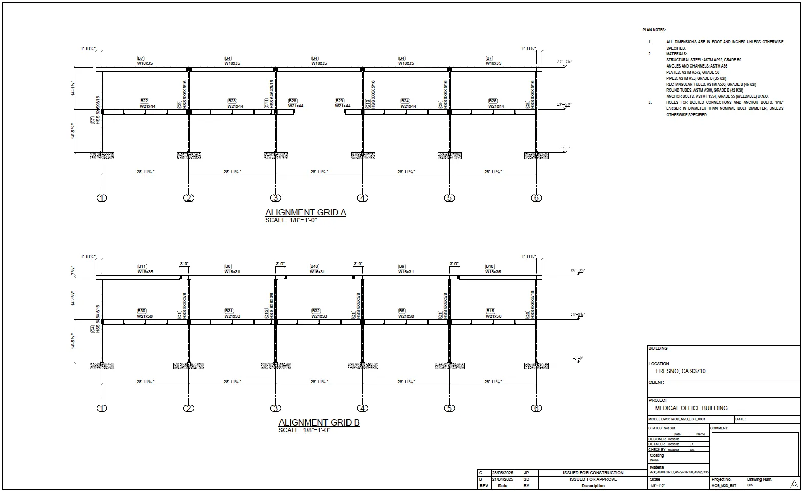 Building alignment sections showing structural grid elevations and framing connections for the Fresno medical office building.