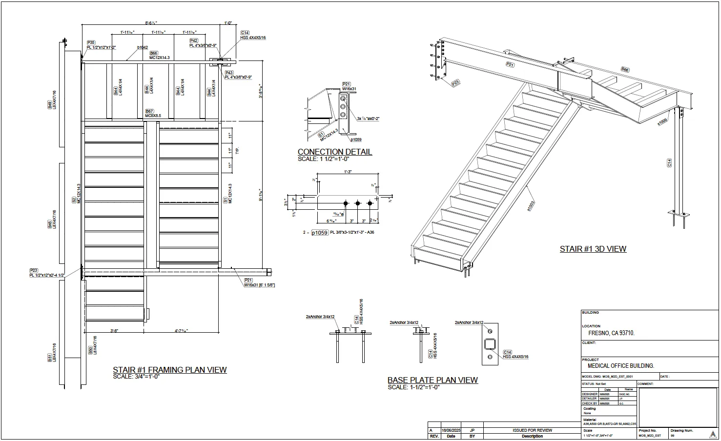 Steel stair framing plan and 3D view showing structural connections, base plates, and fabrication details.