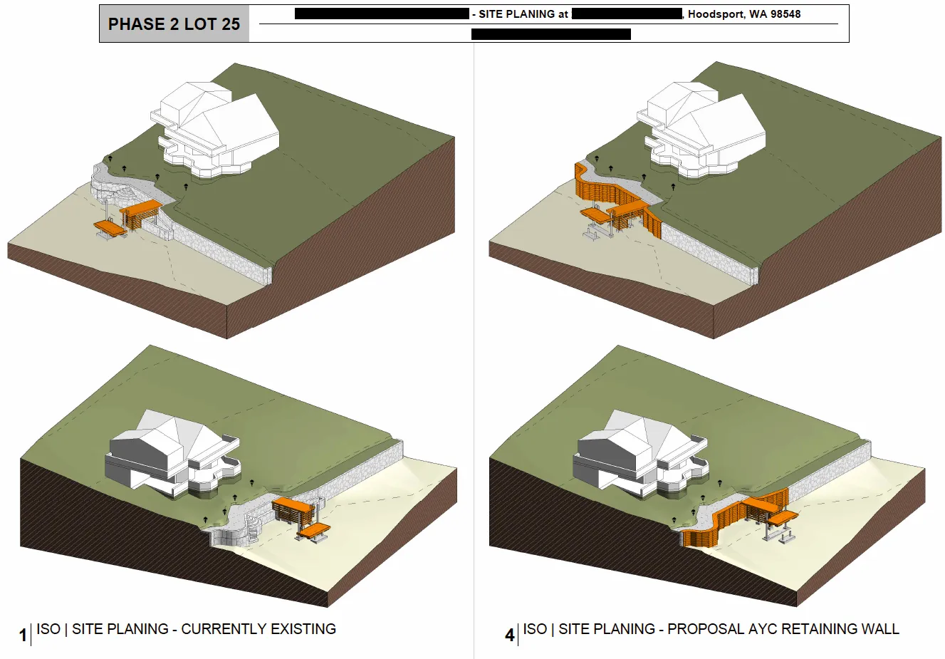 Phased 3D site studies showing existing and proposed shoreline work at Lake Cushman.