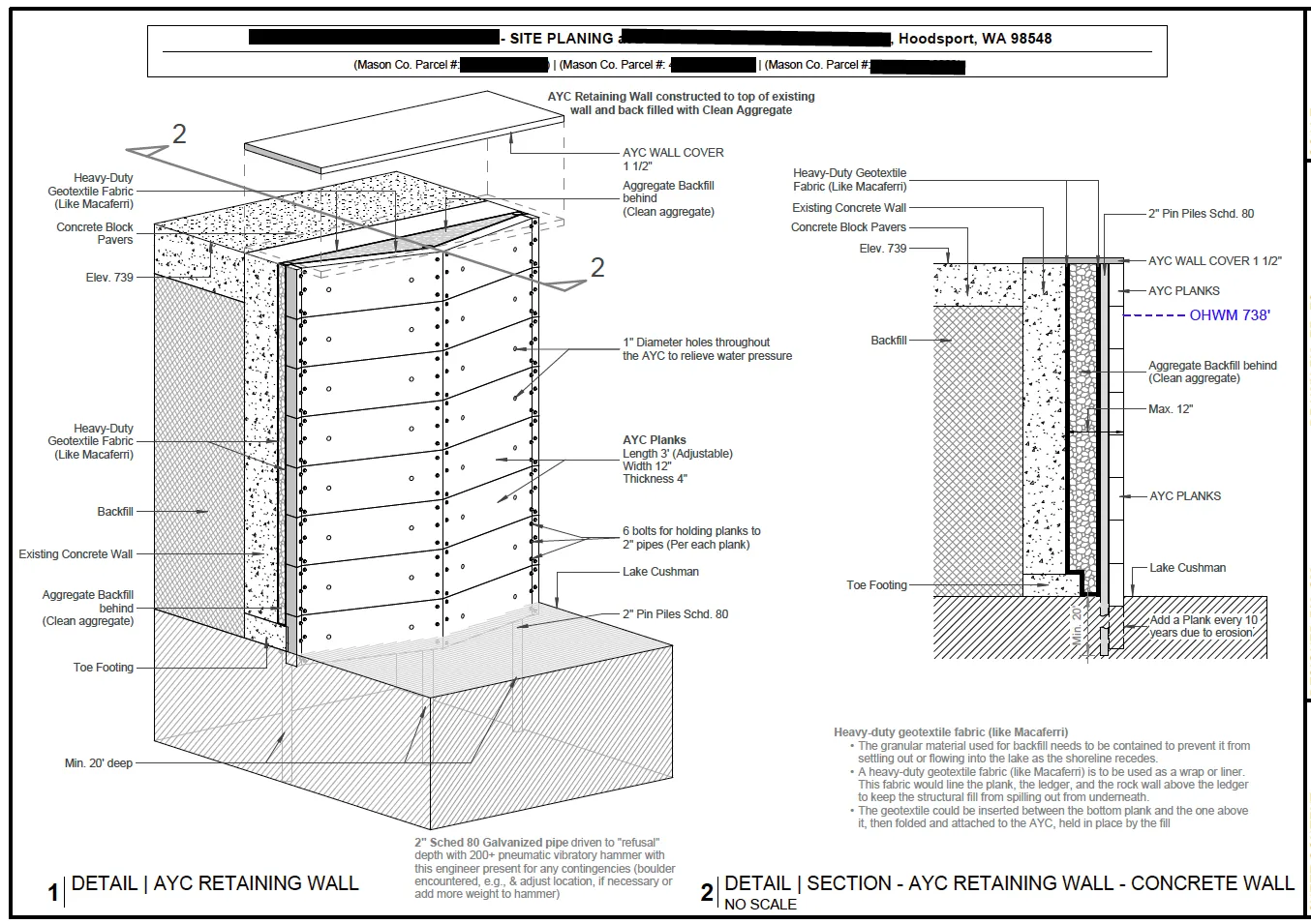 Detailed shoreline retaining structure drawing prepared for project coordination.