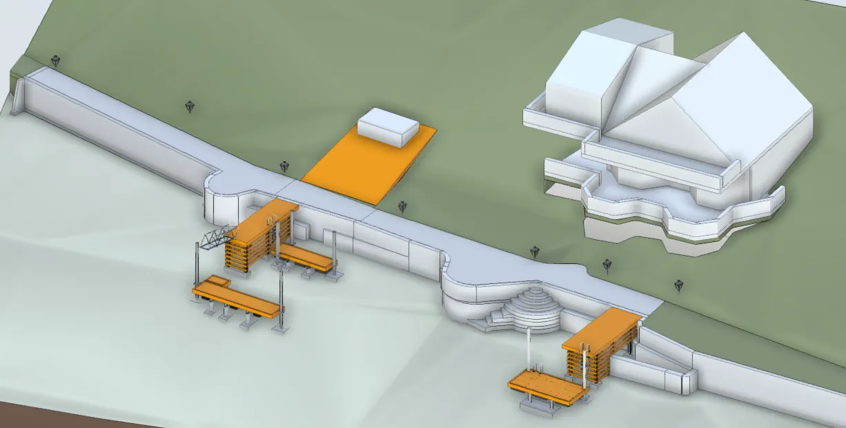3D waterfront model showing shoreline protection, access, and lake-edge conditions.