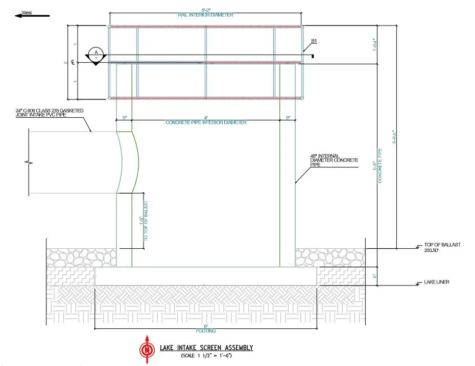 Shop drawing of the lake intake screen assembly showing stainless steel framing and perforated panels.