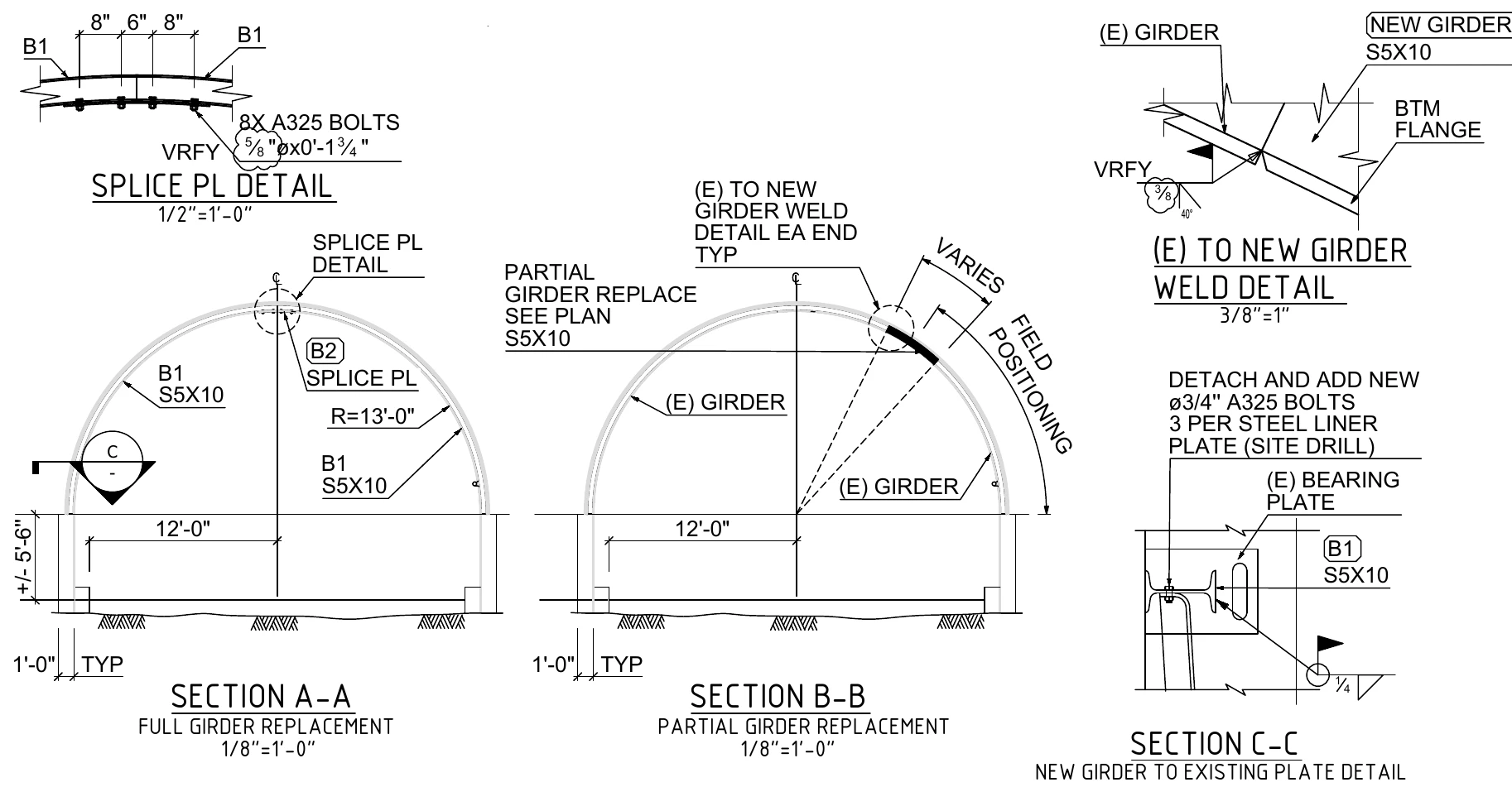 Tunnel girder replacement drawing showing full and partial curved girder sections, splice plates, existing-to-new weld detail, and liner plate connection.